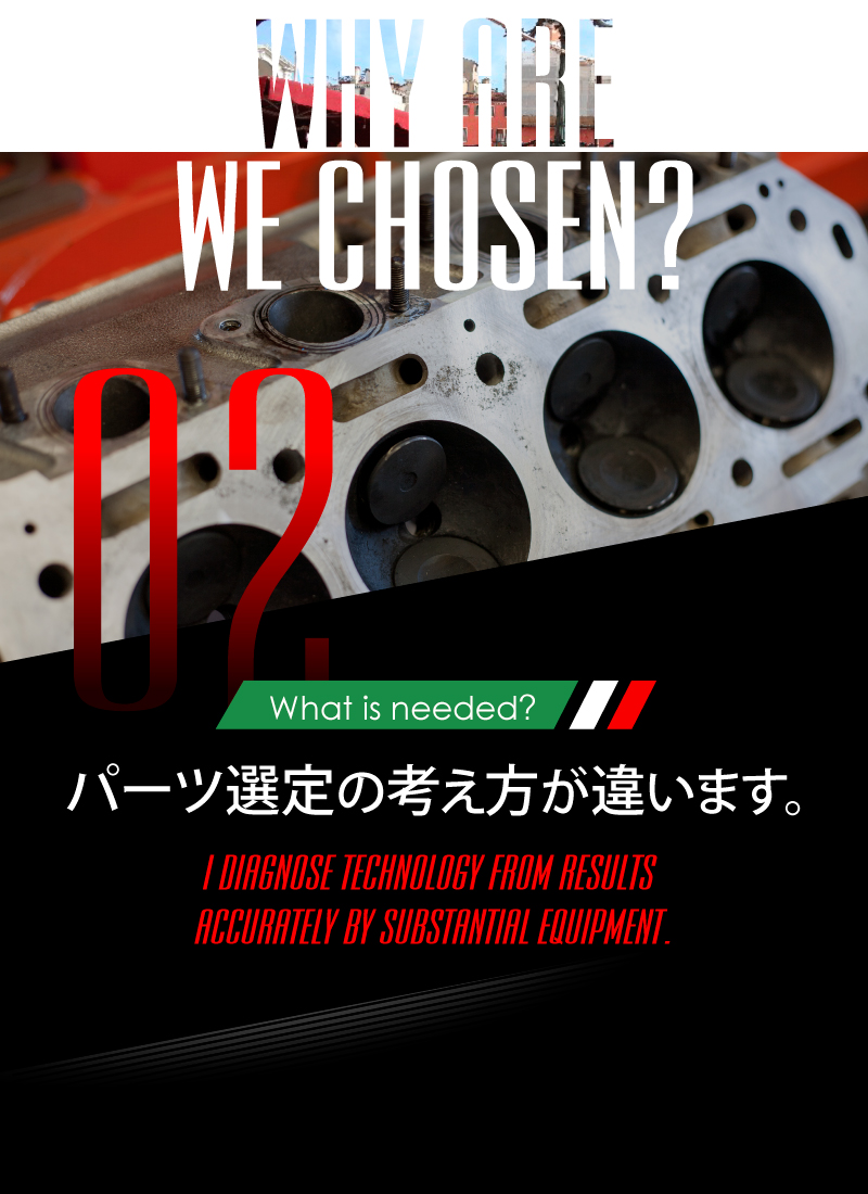 ニーズオートが選ばれる理由 WHY ARE WE CHOSEN? What is needed? パーツ選定の考え方が違います。 I DIAGNOSE TECHNOLOGY FROM RESULTS ACCURATELY BY SUBSTANTIAL EQUIPMENT.