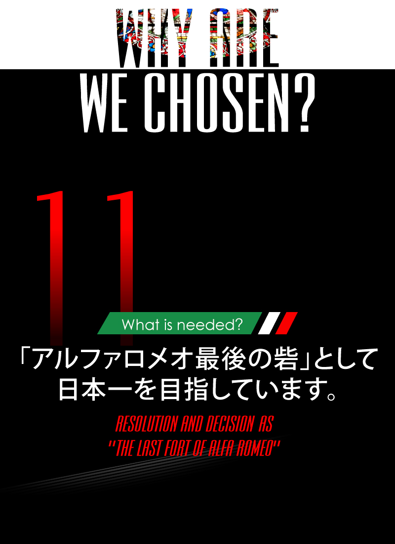 ニーズオートが選ばれる理由 WHY ARE WE CHOSEN? What is needed? 「アルファロメオ最後の砦」として日本一を目指しています。RESOLUTION AND DECISION AS[THE LAST FORT OF ALFA ROMEO]